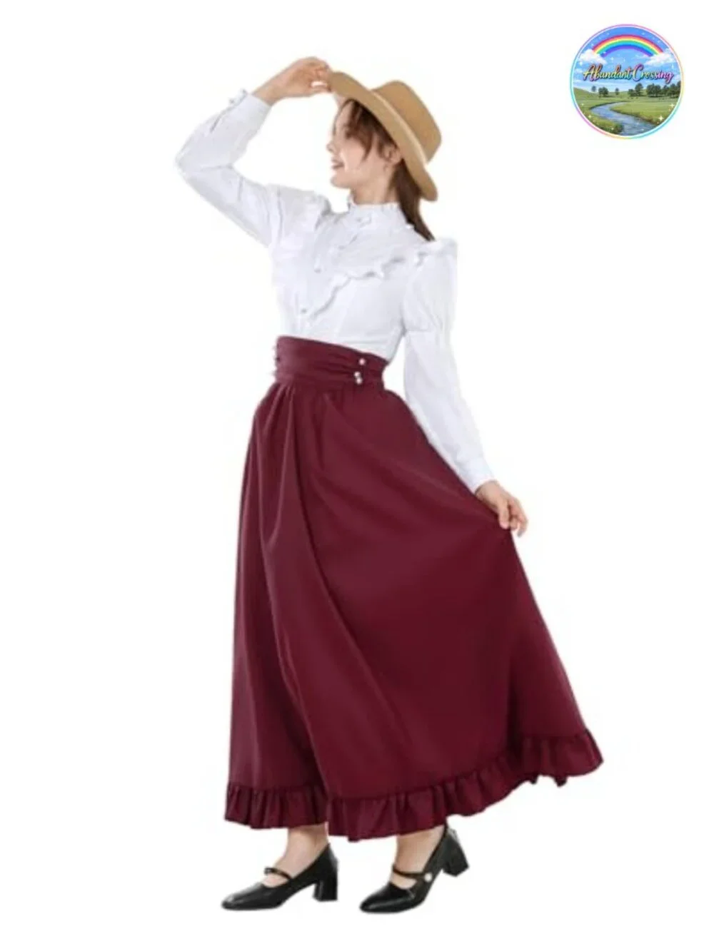 Victorian 2-Piece Dress Set Ruffled Ball Gown Blouse Skirt Belt Costume